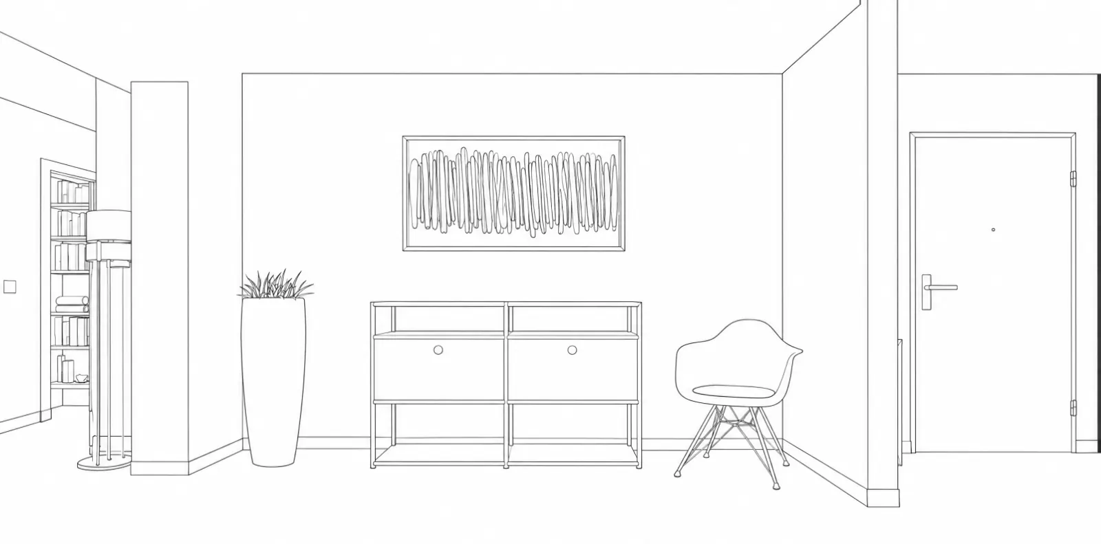 Perspektivische Skizze des Raums mit Sideboard und Stuhl